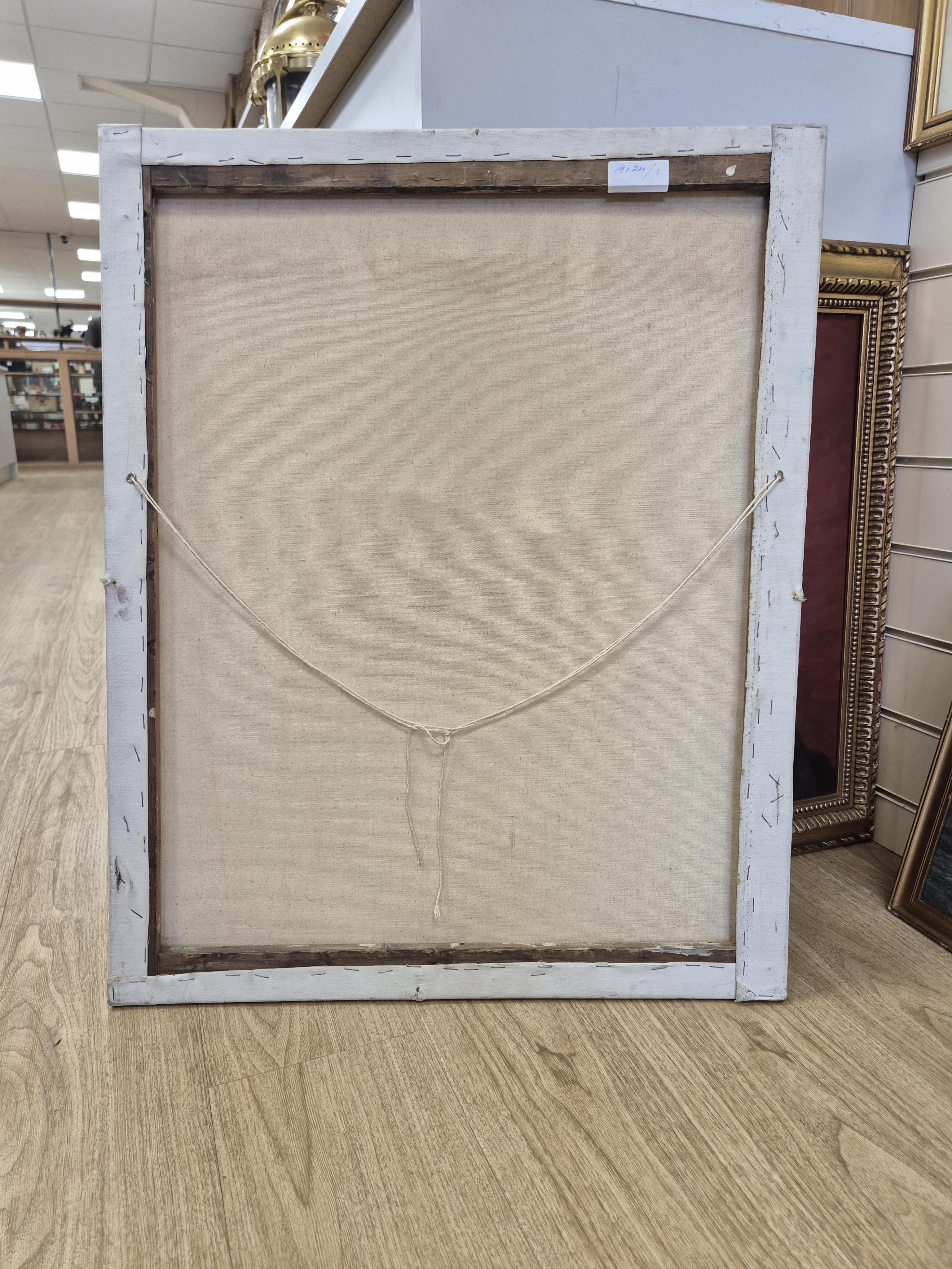 Attributed to Thelma Tinker (20th. C), Interior scene with still life of flowers and vessels, unsigned, oil on canvas, unframed, 76 x 61cm